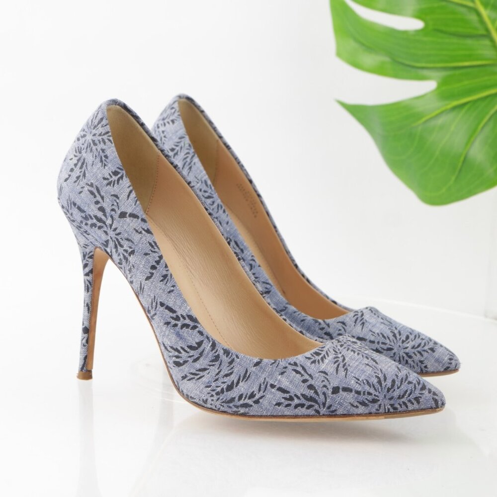 J Crew Womens Roxie Pump Size 8.5 Blue Satin Palm Tree Pointed‎ Heel Shoes Italy